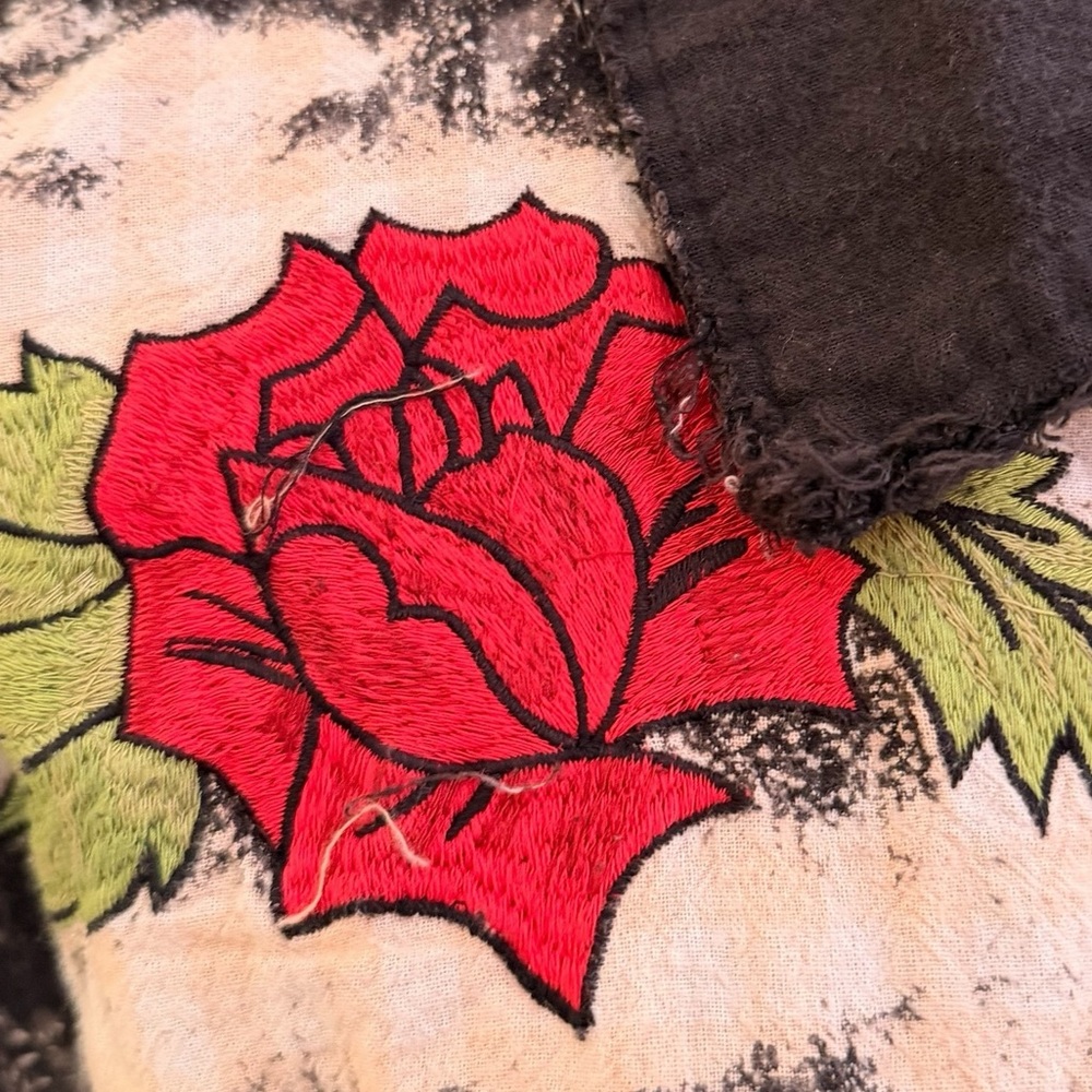 A Rare Bird "Smell the Roses" Distressed Black Flannel Shirt Rose Embroidery - Picture 9 of 12